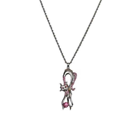 Cat Arched Back Pink Stones Pendant Necklace Silver Tone Long 24” Chain - Picture 2 of 9